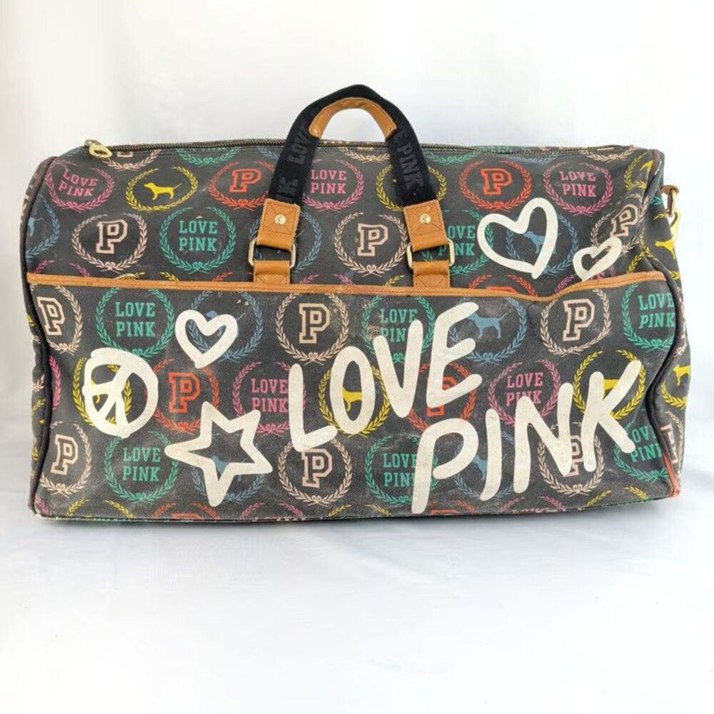 Victorias Secret PINK Duffle Bag Love Pink Graffiti All Over Print Weekender Bag